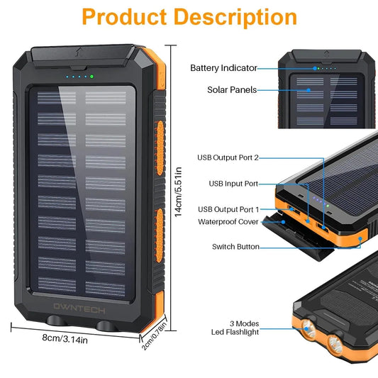 20,000mAh Portable Solar Charger - Dual USB for iPhone & Android